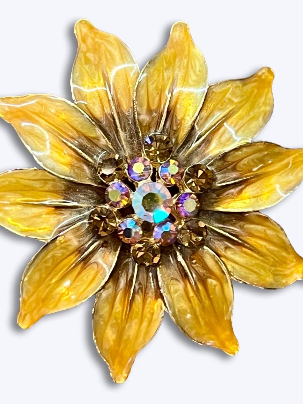 Vtg Yellow Enamel Flower Brooch Pin Rhinestone Aurora Borealis Center 2.25" MCM
